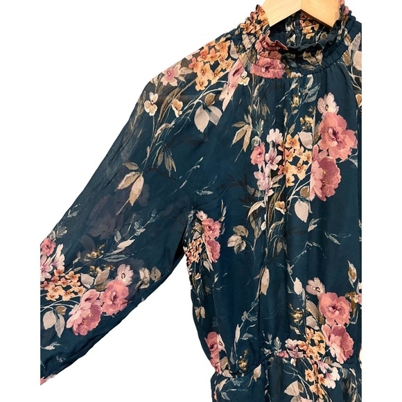 Yumi Kim Class Act Floral Dress Sheer Sleeves High Neck Ruffle Hem Size Medium - Picture 11 of 12